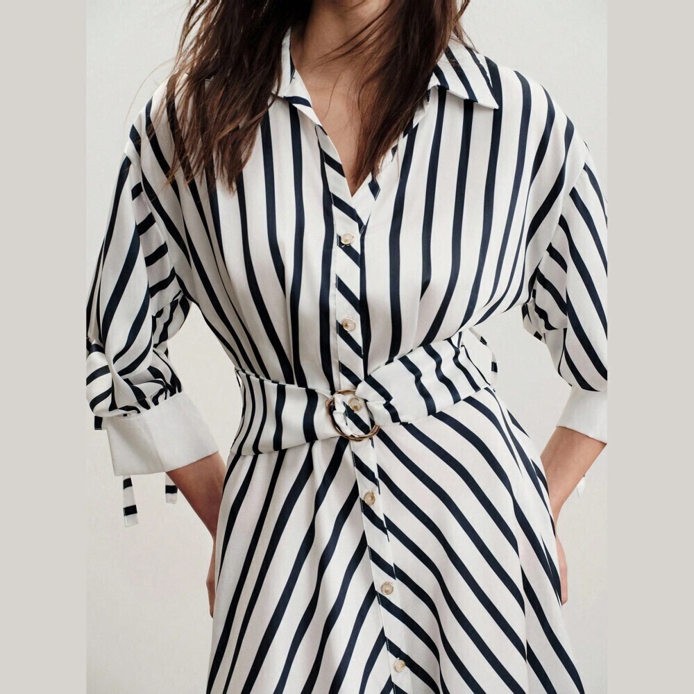 Navy Striped Collared Belted Button Front Maxi Shirt Dress - Picture 5 of 7